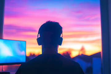 Silhouette of Person with Headphones at computer Against Sunset Sky window