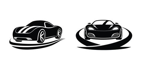 Silhouette Illustration Featuring a Sculpted Sports Car Rear View Zooming Through a Curve on White Background