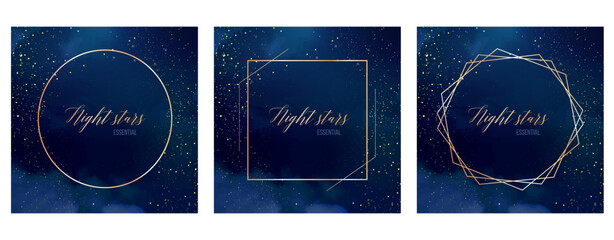 Magic night dark blue frames with sparkling glitter bokeh and light art. Square vector wedding cards. Gold confetti and navy backgrounds. Golden scattered Christmas dust. Fairytale magic star template © lavendertime