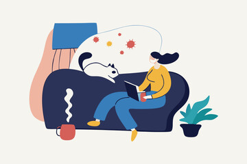 Work from home in COVID-19 virus outbreak, social distancing company allow employee work at home to prevent virus infection, young woman working on sofa with cat look outside to see virus pathogens.