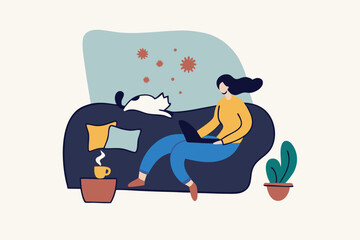 Work from home in COVID-19 virus outbreak, social distancing company allow employee work at home to prevent virus infection, young woman working on sofa with cat look outside to see virus pathogens.