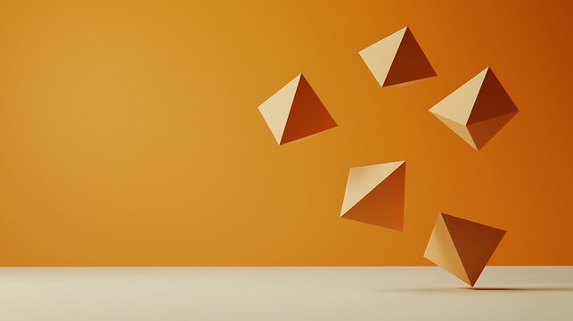 Four brown pyramids casting shadows on an orange background with a white floor, arranged in a visually balanced composition.