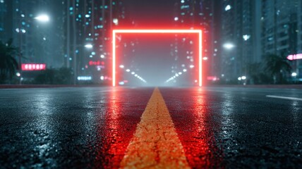 Fototapeta premium Futuristic Urban Scene with Neon Frame on Wet Road Surrounded by Skyscrapers in a Foggy Night Environment