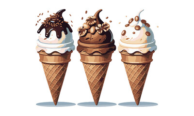 scalable vector illustration of three ice cream cones arranged side by side in a horizontal line, easily editable and scalable.