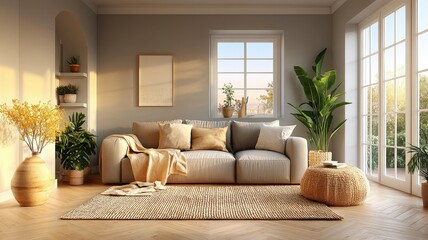 Fototapeta premium Cozy and Bright Living Room with Soft Sofa, Large Windows, Indoor Plants and Warm Decor Elements