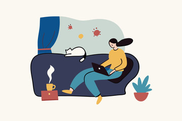 Work from home in COVID-19 virus outbreak, social distancing company allow employee work at home to prevent virus infection, young woman working on sofa with cat look outside to see virus pathogens.