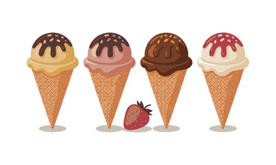 scalable vector illustration of three ice cream cones arranged side by side in a horizontal line, easily editable and scalable.