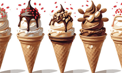 scalable vector illustration of three ice cream cones arranged side by side in a horizontal line, easily editable and scalable.