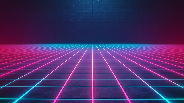 Neon grid lines stretch into the horizon against a dark, textured backdrop, creating a vibrant, futuristic cyberpunk aesthetic.