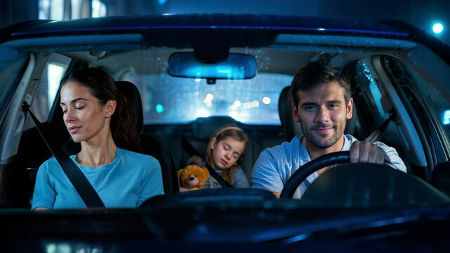 Father driving at night with sleeping child and mother in the car, viewed from windshield with rain and city lights reflections. Generative AI