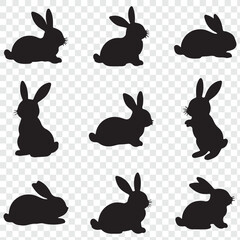 Set of silhouettes of rabbits in various poses. eps 10