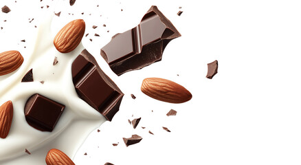 Chunks of dark chocolate and whole almonds splash into creamy milk against a white background