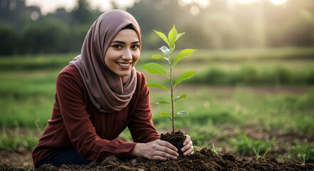 Joyful Muslim girl in hijab plants a sapling in sun-drenched garden, glowing rays framing her hopeful act of faith-driven eco-care.
