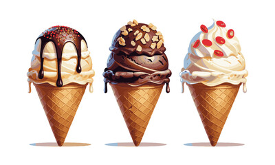 scalable vector illustration of three ice cream cones arranged side by side in a horizontal line, easily editable and scalable.