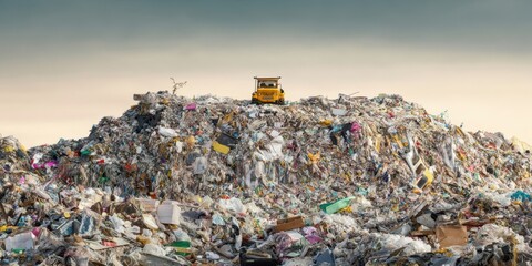 The bulldozer atop a massive landfill of waste and debris.
