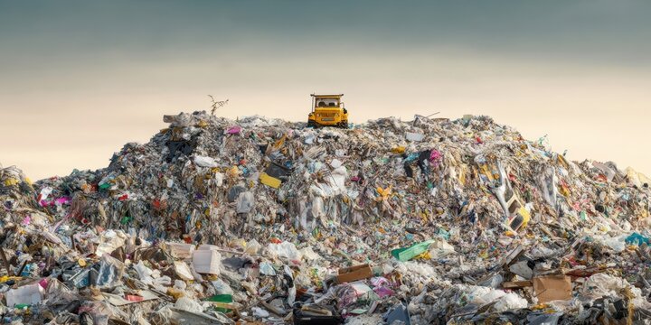 The bulldozer atop a massive landfill of waste and debris.