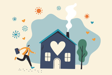 Social Distancing, stay home in COVID-19 coronavirus outbreak, stay in the house to prevent virus infection, happy businessman stay calm running to lovely safe home with virus pathogens outside