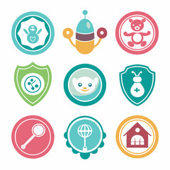 Fototapeta premium Baby Products Logo with Rattle Icon on White Background, Infant Care Branding, Nursery and Toy Shop Identity, Parenting and Childcare Vector Illustration 