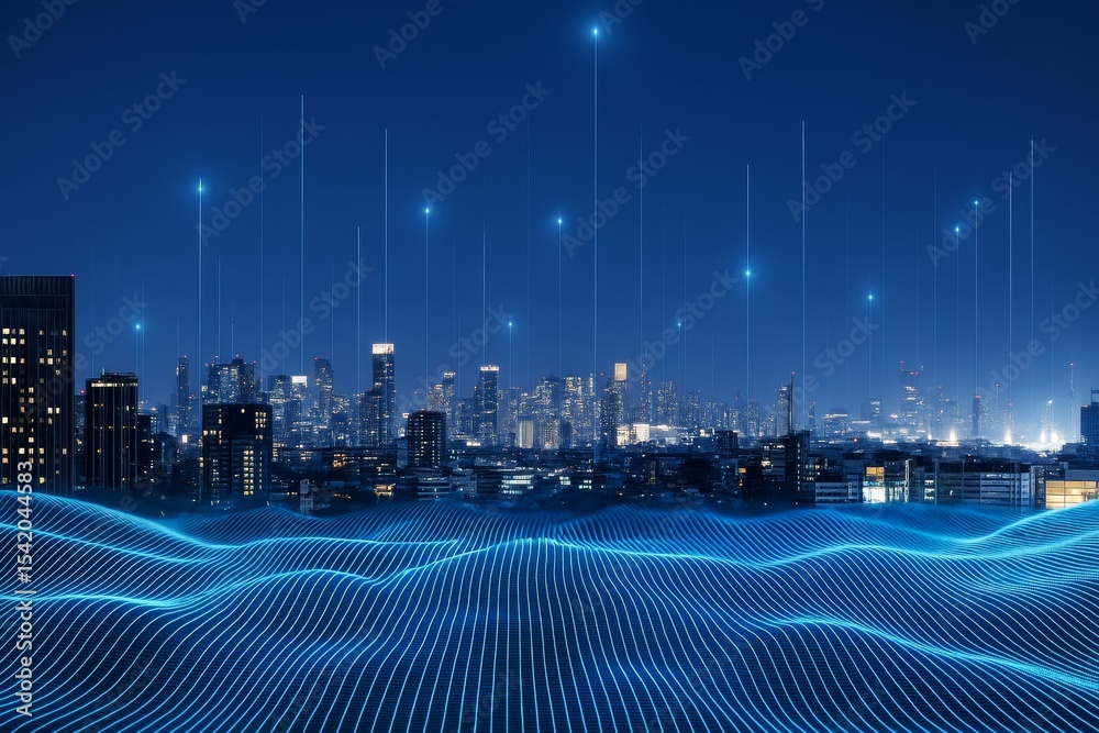 Poster futuristic smart city skyline at night with glowing light lines and digital waves in blue as technol