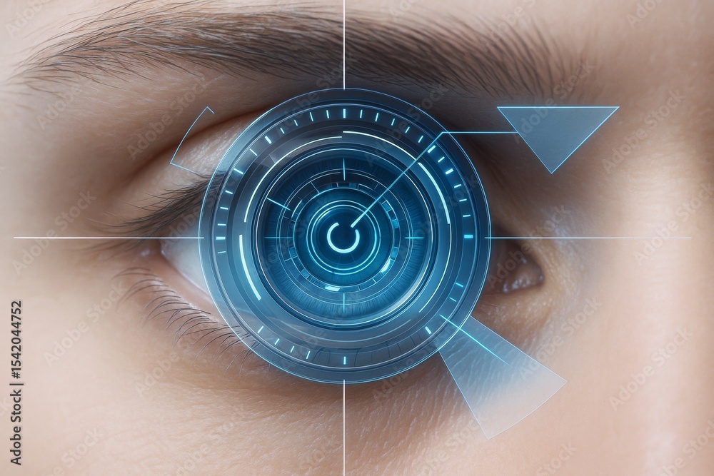 Poster Futuristic biometric eye scan interface with glowing blue HUD elements on human eye close-up for high-tech security concept on soft background light..
