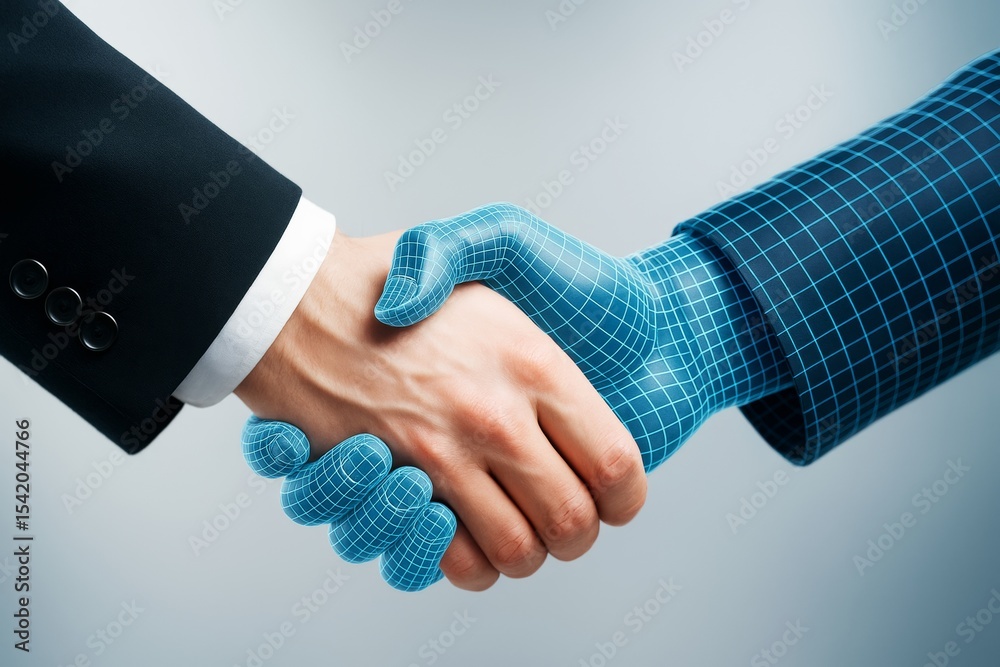 Poster human and digital hand shaking symbolizing partnership between technology and people on light blue b