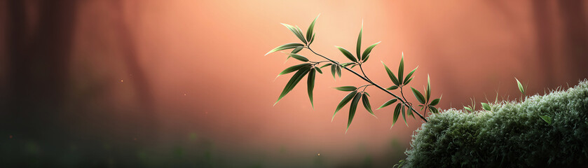 Fototapeta premium Bamboo leaf moss forest nature green tranquil soft light peaceful morning misty