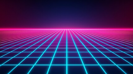 A glowing neon grid stretches towards a dark horizon, evoking a futuristic and retro digital landscape with vibrant pink and blue tones.