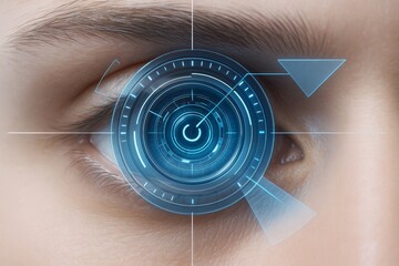 Futuristic biometric eye scan interface with glowing blue HUD elements on human eye close-up for high-tech security concept on soft background light..