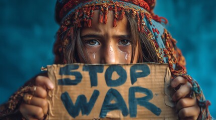 Dirty Hands of a Child Holding Stop War Sign, Anti-War Protest Concept