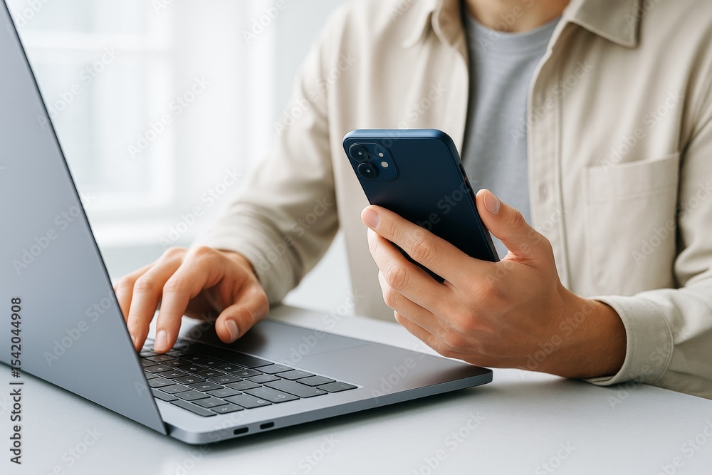 Poster Man using smartphone and laptop simultaneously in bright modern interior, multitasking with digital devices on light background, technology concept.