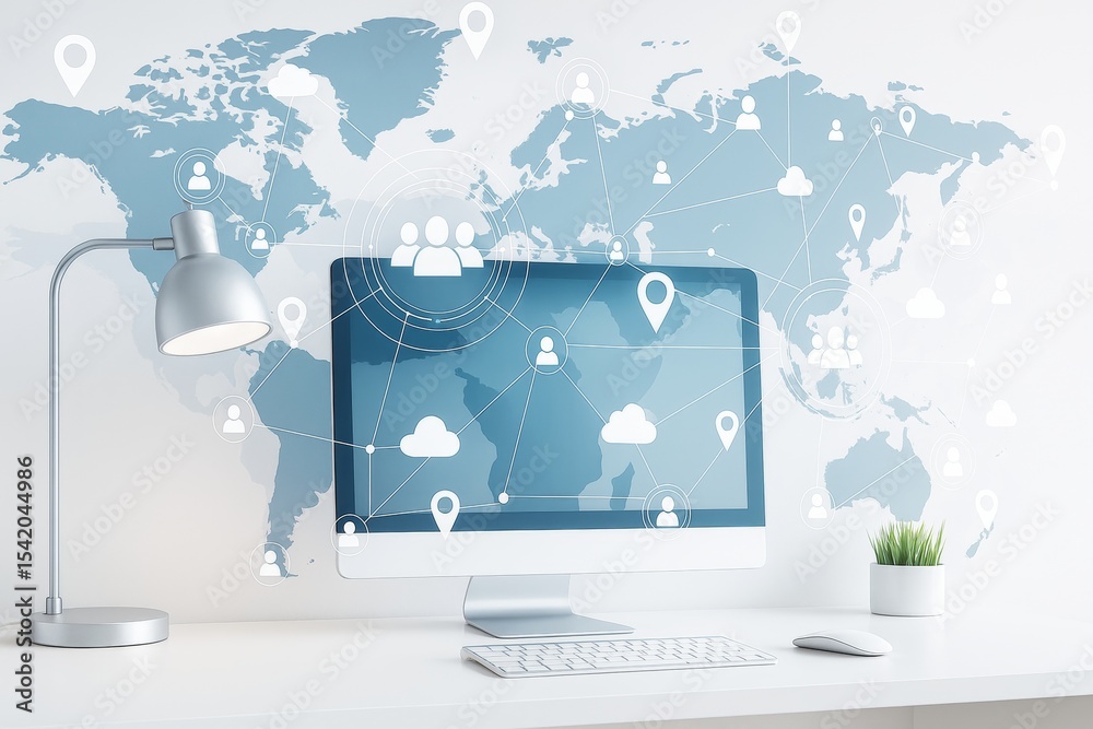 Aufkleber Global communication network concept on desktop computer in modern office with abstract world map background and light technology symbols.