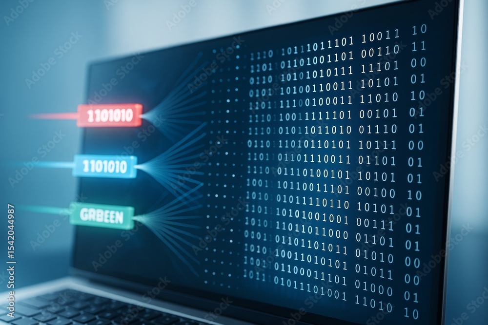 Aufkleber Binary data stream on laptop screen with neon code labels representing digital processing and encryption technology in business context.