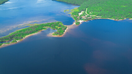 Aerial view of a large lake in the Canadian forest in Quebec in the Lanaudière region