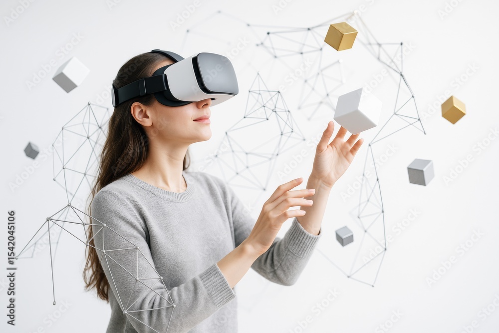 Poster woman using virtual reality headset interacting with digital cubes and abstract geometric shapes on 
