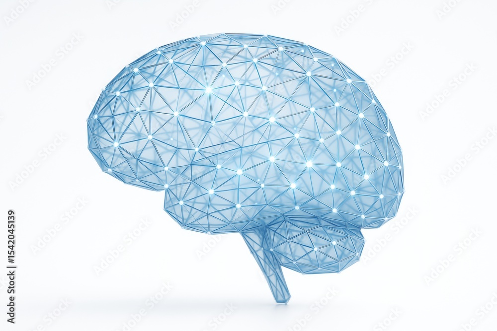 Poster Futuristic blue geometric brain structure with glowing connection points on white background symbolizing AI technology and innovation concept.