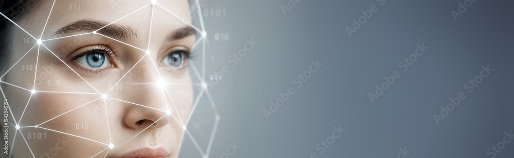 Poster Close-up of woman's face with digital facial recognition mesh and binary code on blue background for technology concept and promotion template.