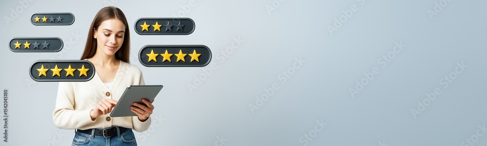 Poster Woman using tablet with floating star rating icons on light background for technology and feedback concept mockup template design banner.