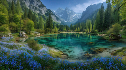 Tranquil nature landscape serene lake mountain view vibrant flora