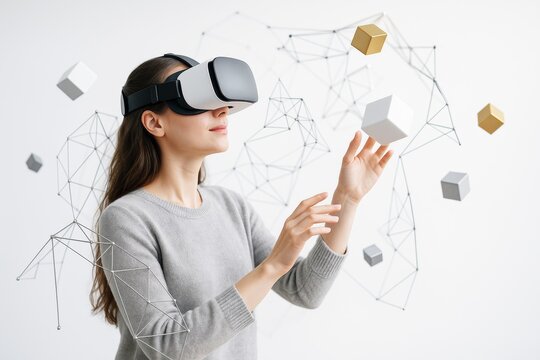 Woman using virtual reality headset interacting with digital cubes and abstract geometric shapes on light background, futuristic technology concept.