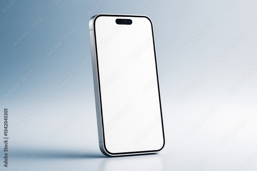 Poster smartphone with blank screen standing upright on light gradient background for mockup, copyspace, or