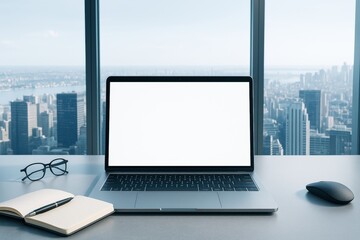 Modern laptop with blank screen on office desk against cityscape background for business design or technology promotion mockup template concept.