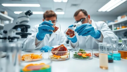 Two scientists in white lab coats and blue gloves examining cell-based meat samples in petri dishes