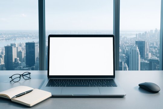 Modern laptop with blank screen on office desk against cityscape background for business design or technology promotion mockup template concept.