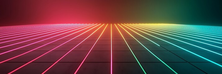 A glowing neon grid stretches into the horizon with a gradient background blending red, orange, yellow, green, and blue hues, creating a futuristic digital landscape.