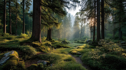Obraz premium Nature's tranquility serene forest path in morning light photography
