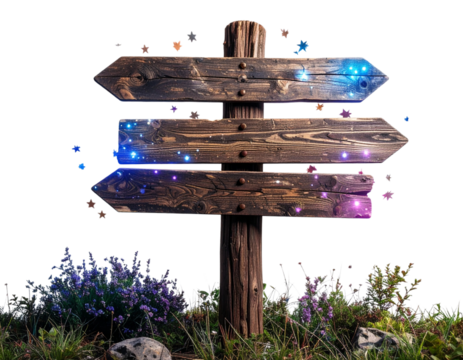 Fantasy Signpost with Floating Glowing Arrows, isolated on transparent background
