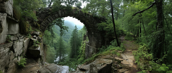 Exploring abandoned arch bridge in lush forest nature photography