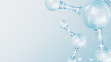 3d Abstract glossy glass molecular structures. Cosmetic collagen serum, moisturizer water, vitamin, hyaluronic acid for skin care. Healthcare concept