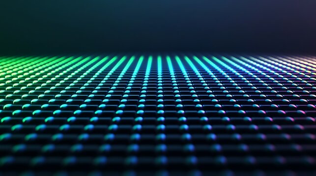 A close-up of a grid-like surface with glowing blue and green lights creating a futuristic, digital pattern.
