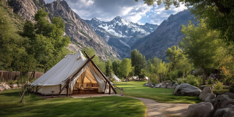 Fototapeta premium Camping adventure in scenic mountains tent setup nature serenity